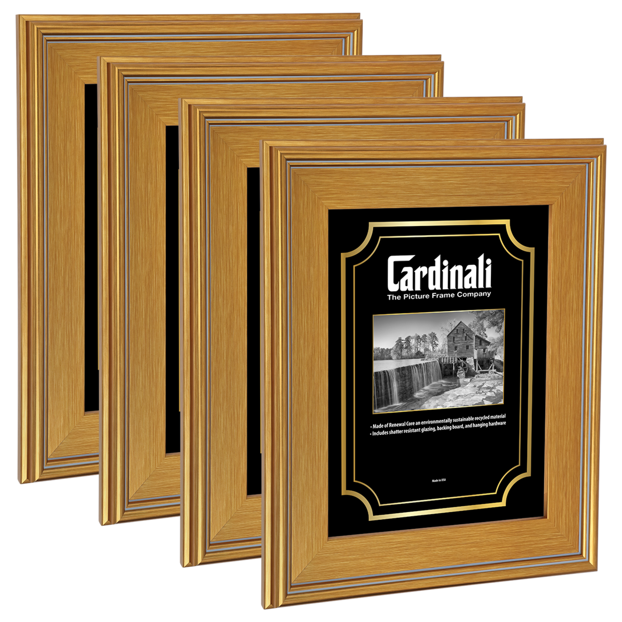 Cardinali Plein Air, Gold 12x16" - Set of 4 - Picture Frame with Acrylic Glazing & Cardboard Backing, for Photography or Canvas Frame, 3 Wide Moulding, 1/2 Rabbet Depth, D-Ring Hangers Included